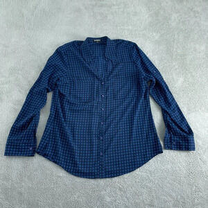 Express Womens Blue Geometric Print Button-Up Blouse Long Sleeve Size L 4962